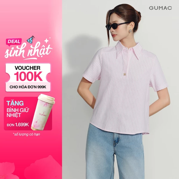 Áo Sơ Mi Nữ GUMAC Form Suông Tay Ngắn Lai Bầu Đính Nút Trang Trí Hiện Đại Thanh Lịch LAG08113