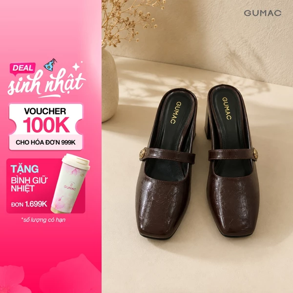 Giày Sục Nữ GUMAC Mũi Vuông Đế 5cm Quai Ngang Đính Hoa Kim Loại Lót Đệm Êm Chân Thanh Lịch GG07013