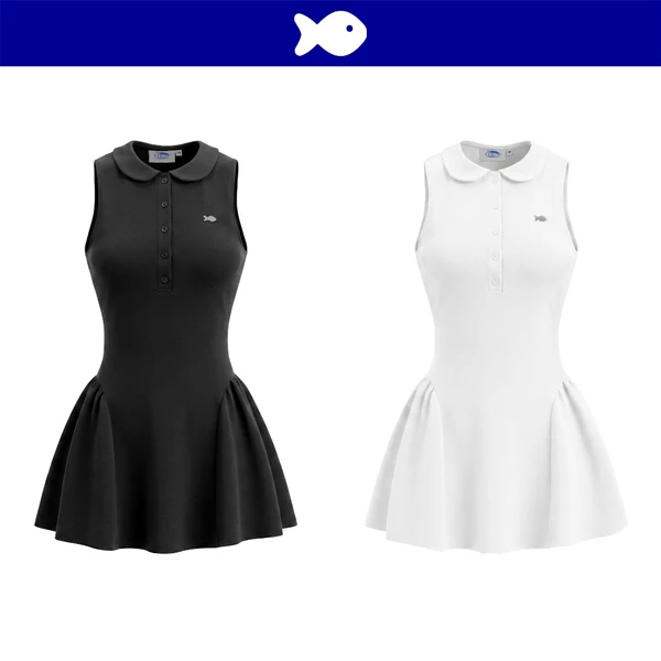 Đầm sát nách kiểu nữ cổ sen DKMV tà váy xoè phồng gài cúc áo trước ngực đính logo cá inox Garbo Dress | K-D74