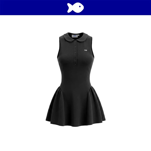 Đầm thun nữ kiểu sát nách dáng ngắn DKMV cổ sen tà váy xòe phồng phối logo cá inox màu đen Garbo Dress | K-D74-D