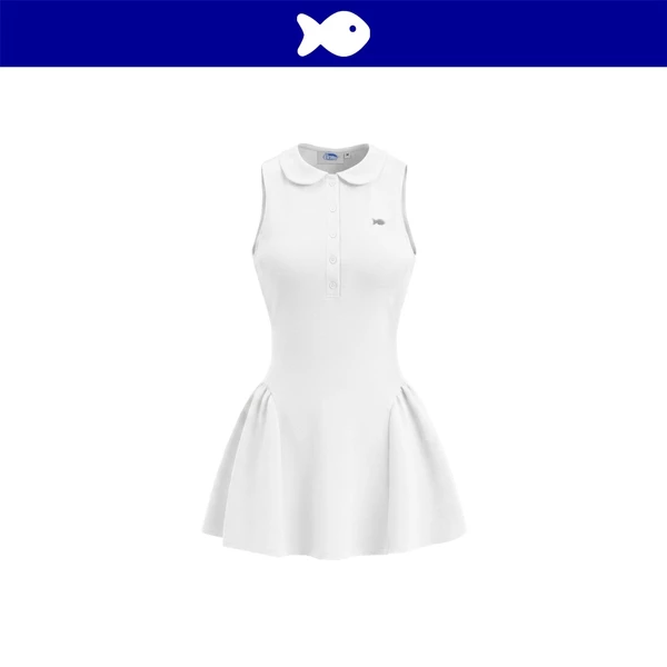 Đầm nữ cổ sen dáng sát nách ngắn DKMV form xòe phồng đính logo cá inox màu trắng cài cúc Garbo Dress | K-D74-T