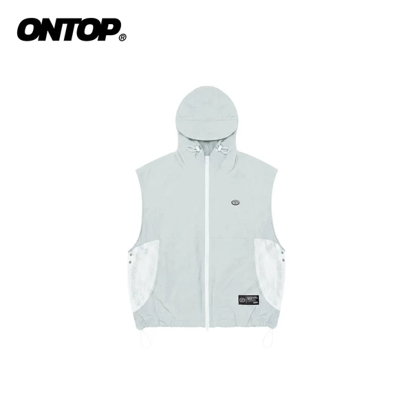 Áo khoác gile có mũ nam nữ ONTOP vải dù nhăn xám phối lưới 2 lớp Mesh-Panel Hooded | O-AK17-X
