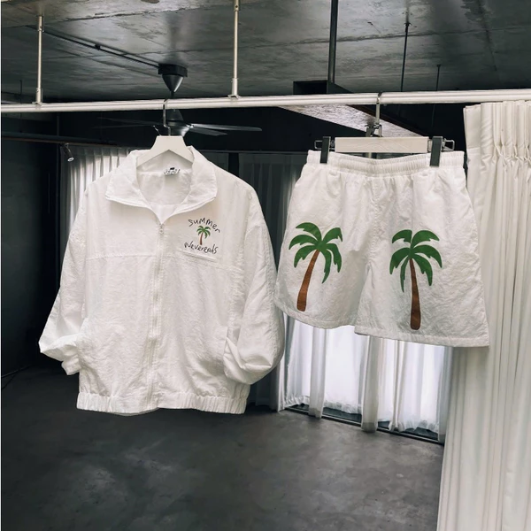 Bộ áo khoác dù và quần ngắn YELLOW FLICKER coconut trees unisex