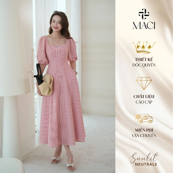 Đầm Kẻ Dáng Xoè Bổ Thân Tôn Dáng Chất Thô Hàn MACI MCVVAHO0392 Thời Trang Nữ Thiết Kế Độc Quyền