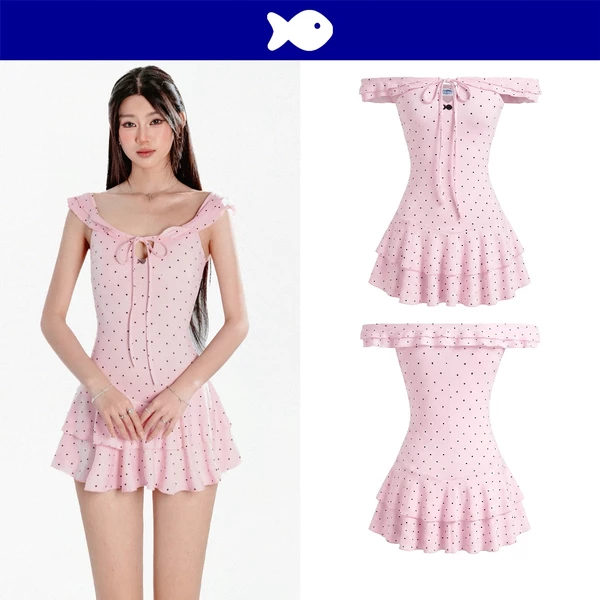 Đầm trễ vai kiểu nữ chấm bi DKMV dáng xòe tầng thắt nơ nhiều kiểu mang phối bèo màu hồng Valencia Dress | K-D72-H