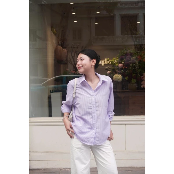 Áo sơ mi Basic Oversized Shirt MONO TALK (kẻ sọc tím trắng & kẻ sọc cam trắng) vải thô linen MFOT21S-T10001FT