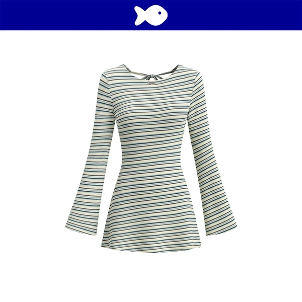 Đầm tay loe kiểu nữ khoét lưng buộc nơ DKMV len sọc chéo phối màu nổi bật đính logo cá inox Titania Dress | K-D81
