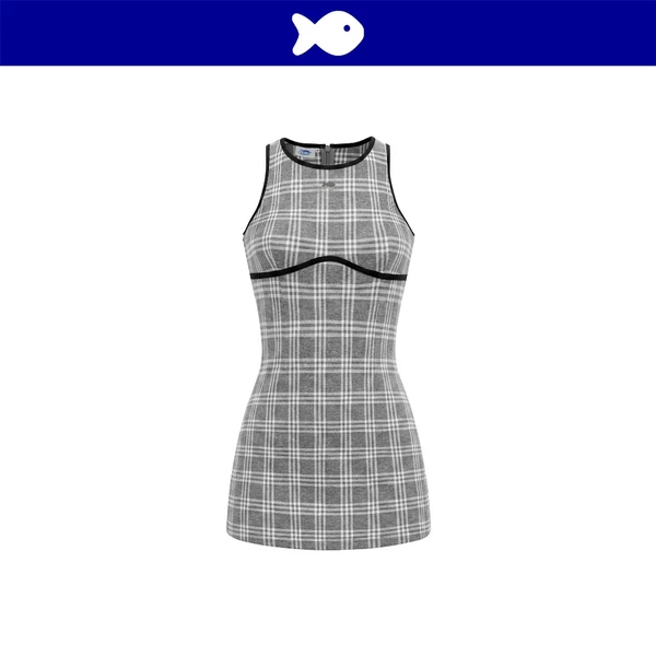 Đầm sát nách dáng ngắn chữ A DKMV hoạ tiết kẻ caro màu xám phối viền đen logo cá inox đáng yêu Lullaby Dress | K-D84