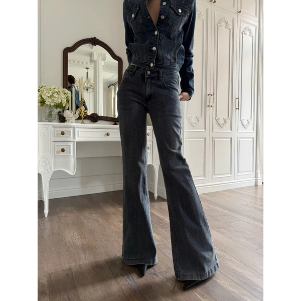 RUBIES Domic Jeans - Quần Dài Nữ Vải Jean Mềm Cạp Trễ Ống Loe