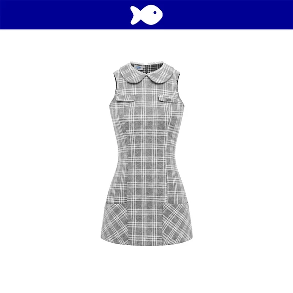 Đầm chữ A sát nách cổ sen phối ren DKMV thiết kế 2 túi vuông to hoạ tiết sọc caro màu xám logo cá Harmony Dress | K-D83