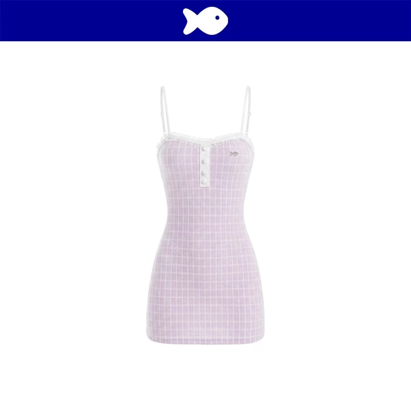 Đầm 2 dây ôm body kiểu nữ DKMV len lông thỏ caro màu tím phối nút bọc vải đính viền ren Amethyst Dress | K-D78-TI