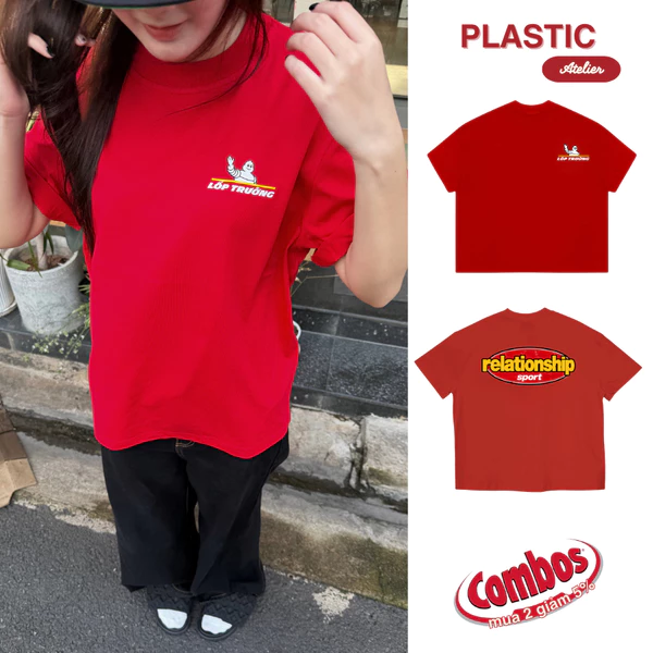 Áo thun đỏ oversized boxy, áo thun local "Lốp trưởng" 250gsm Cổ Tròn Unisex Nam Nữ Basic
