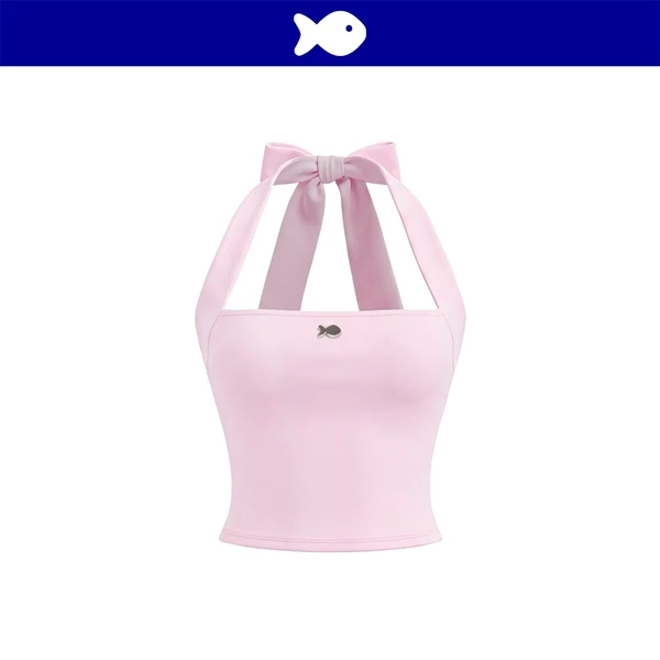 Áo kiểu nữ cổ yếm thắt nơ croptop DKMV đính logo cá inox ôm dáng thun co giãn màu hồng Chime Set | K-SET35-T-H