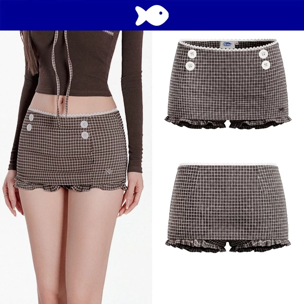 Set chân váy ngắn kèm quần bí cạp trễ DKMV thun sọc caro màu nâu lưng phối viền ren trắng ôm dáng Sahara Skirt | K-V17-N