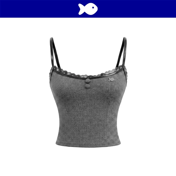 Áo 2 dây kiểu nữ croptop ôm DKMV phối dây da viền ren đen đính logo cá chất umi xám sọc caro Clarion Set | K-SET33-T-X