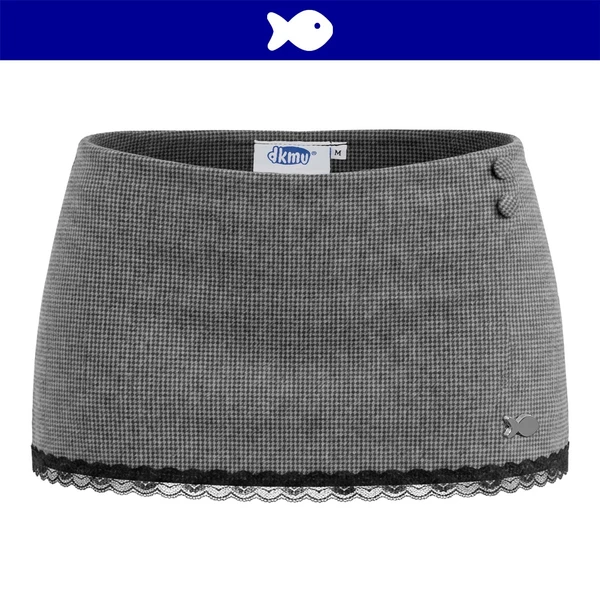 Chân váy ôm cạp thấp viền ren đen DKMV sẵn quần trong vải umi sọc caro màu xám phối logo cá Clarion Set | K-SET33-V-X