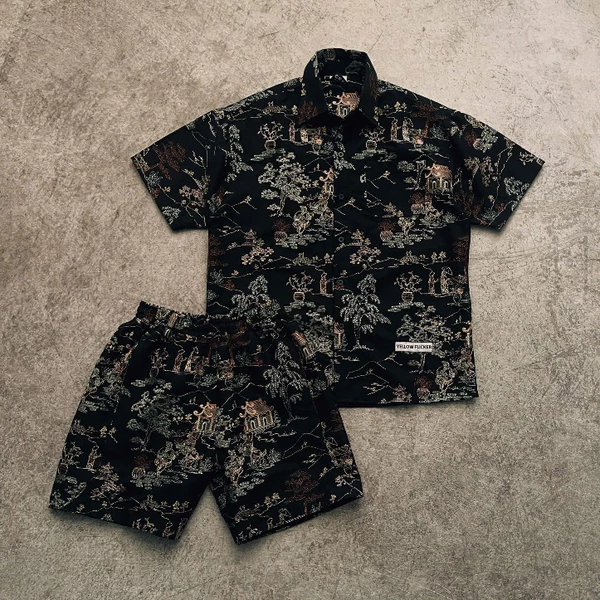 Bộ sơ mi tay ngắn YELLOW FLICKER họa tiết thêu " HỘI" unisex