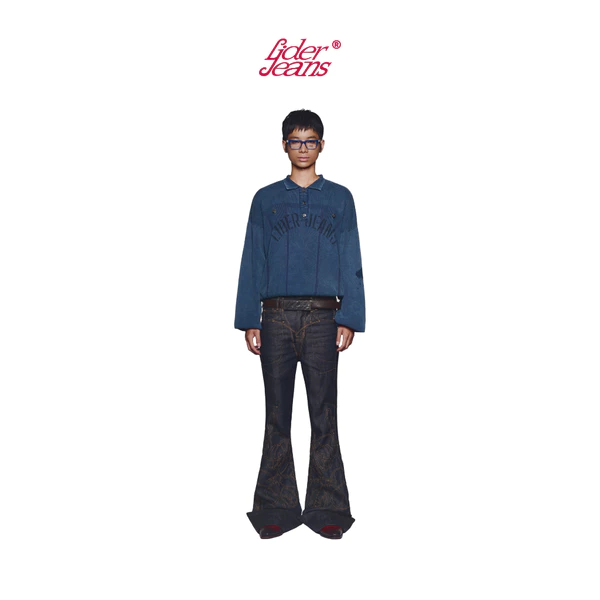 LIDER Jeans | Quần Jeans Ống Loe Unisex Thêu Chỉ Nổi Washed Màu LIDER AGED FOLDOVER FLARE JEANS