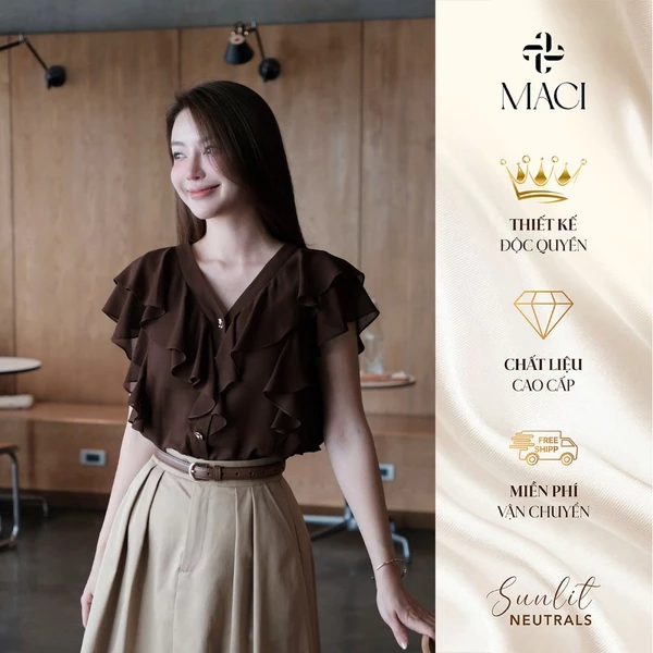 Áo Sơ Mi Nhún Bèo Nâu Choco Chất Chiffon Hàn MACI MCASMNA0396 Thời Trang Nữ Thiết Kế Độc Quyền
