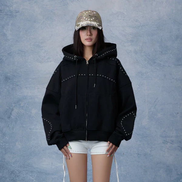 Áo Hoodie Zip Stud REGODS Oversize Đính Đinh Tán Bạc – Hoodie Zip Y2K Form Rộng Unisex localbrand