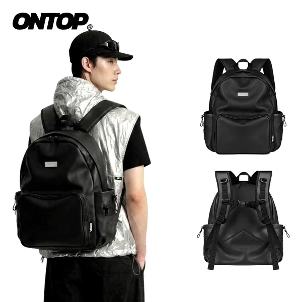 Balo da đen trơn đi học nam nữ ONTOP chống nước nhiều ngăn đựng laptop 14.3 inches Zippered Backpack | O-P32