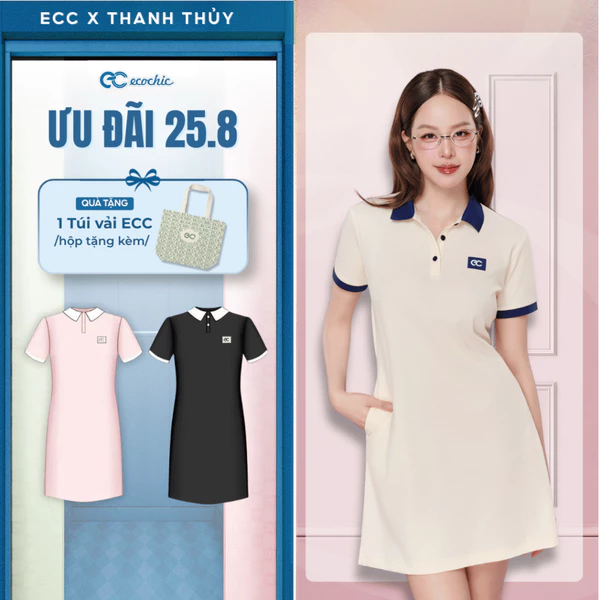 (Tặng túi vải) Váy Polo ECOCHIC B240 Dáng Suông Phối Viền Tay Nữ Tính Chất Liệu Cao Cấp Mềm Mịn