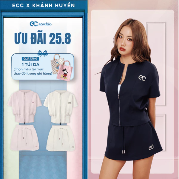 (Tặng túi da) Set chân váy ECOCHIC B237 Áo Cổ Tròn Khóa Kim Loại Chân Váy Ngắn Logo Thêu Cao Cấp Mềm Mịn