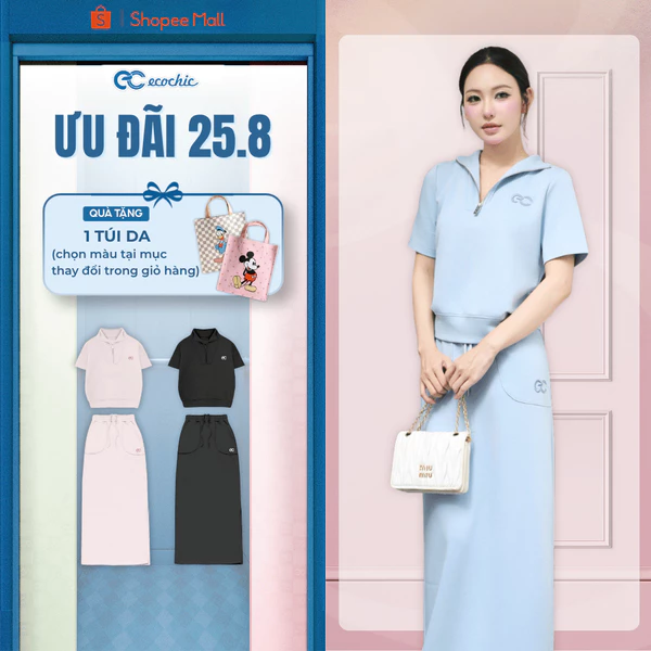 (Tặng túi da) Set Chân Váy Dài ECOCHIC B249 Áo Polo Khóa Halfzip Chân Váy Dài Cạp Chun Chất Vải Cao Cấp Chính Hãng