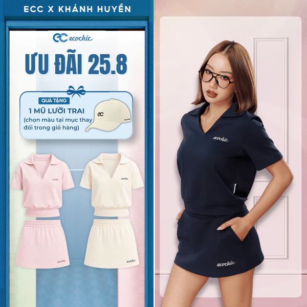 (Tặng mũ) Set Chân Váy ECOCHIC B247 Áo Cổ V Polo Chân Váy Thun Cạp Chun Logo Thêu Chất Liệu Cao Cấp Mềm Mịn