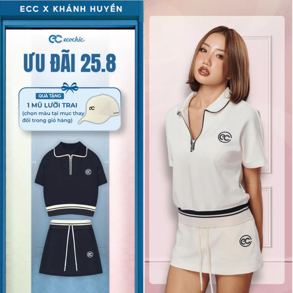 (Tặng mũ) Set Chân Váy ECOCHIC B236 Áo Polo Phối Viền Logo Thêu Chân Váy Ngắn Cạp Chun Chất Liệu Cao Cấp