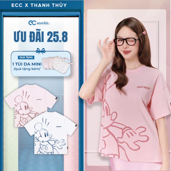 (Tặng túi mini) Áo Phông Boxy ECOCHIC TS028 Hình In MICKEY Chính Hãng Bản Quyền Disney Chất Liệu Cotton Cao Cấp