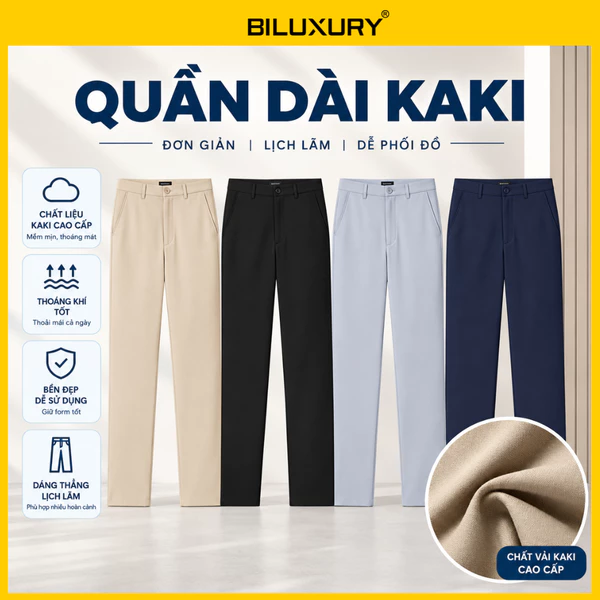 Quần Kaki Nam 9QKKT001 Biluxury Form Slimfit Ống Suông Chống Nhăn Co Giãn Bền Màu Giữ Phom Dáng