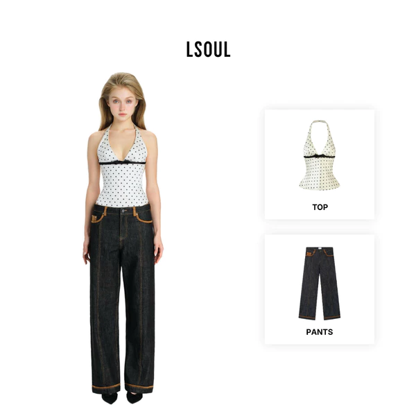 LSOUL Áo Corset Cổ Yếm Chấm Bi Phối Nơ Lio Top + Quần Jeans Ezzo Pants A26032895