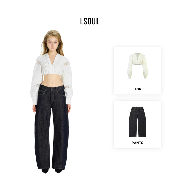 LSOUL Áo Croptop Tay Dài Phối Ren Cổ V Vintage Somna Top + Quần Jeans Nie Pants A26032887