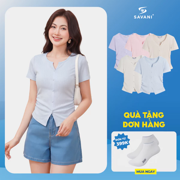 Áo Thun Ngắn Tay Cổ V SAVANI, Áo Cách Điệu Cúc Bọc Vải, Áo Ôm Body, Tôn Dáng WTSA040S6