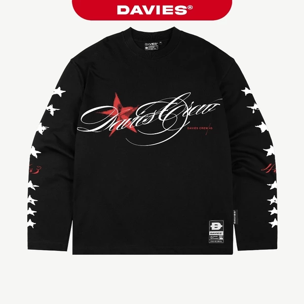 Áo phông tay dài form rộng hiphop DAVIES hình in chữ phối ngôi sao độc đáo màu đen Crimson Long Sleeve Tee | D-T69