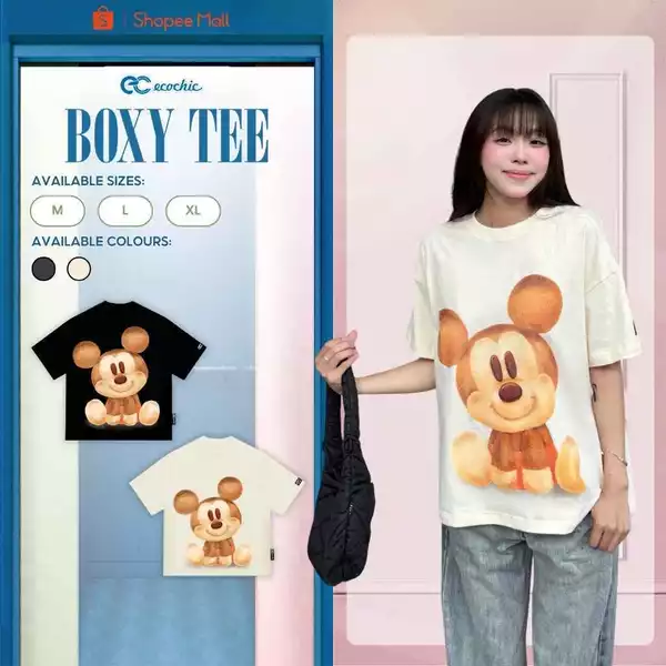 (LIVE KOL) Áo Phông Boxy ECOCHIC TS030 Hình In MICKEY Vàng Dễ Thương Chính Hãng Bản Quyền Disney Chất Liệu Cotton