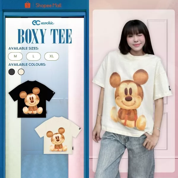 Áo Phông Boxy ECOCHIC TS030 Hình In MICKEY Vàng Dễ Thương Chính Hãng Bản Quyền Disney Chất Liệu Cotton