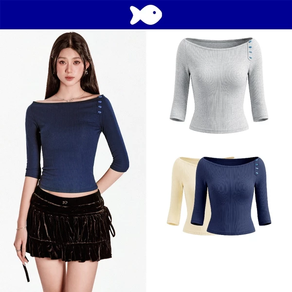 Áo cổ thuyền tay lửng nữ DKMV đính hàng nút hình cá đáng yêu chất thun gân ôm dáng co giãn Adhara Top | K-T71