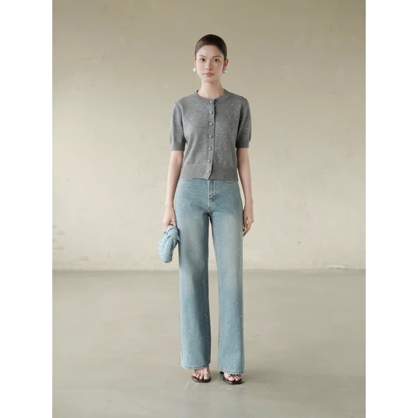 RUBIES Chibi Jeans - Quần Dài Nữ Vải Jean Mềm Đính Đá Ống Suông Đứng