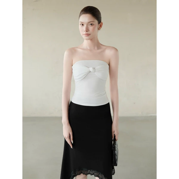 RUBIES Now Top - Áo Thun Nữ Dáng Ôm Cúp Ngực Thắt Nơ