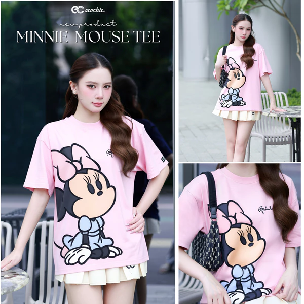 Áo Phông Boxy ECOCHIC TS031 Hình In Minnie Mouse Nơ Hồng Dễ Thương Chính Hãng Bản Quyền Disney