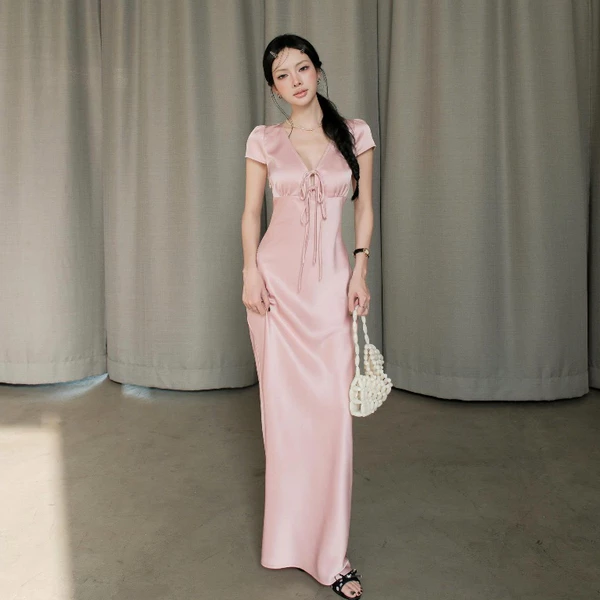 KIDO - Đầm lụa dáng dài phối nơ ngực TRACY DRESS