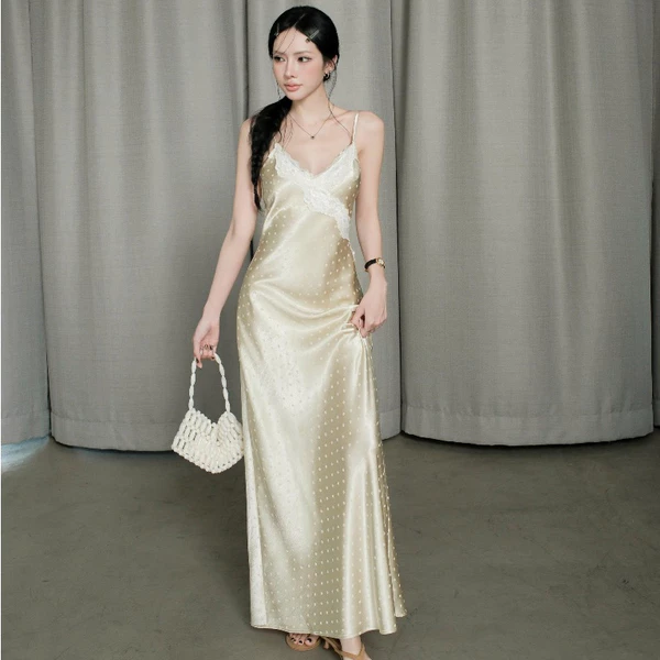 KIDO - Đầm hai dây lụa phối ren dáng dài JOLENE DRESS