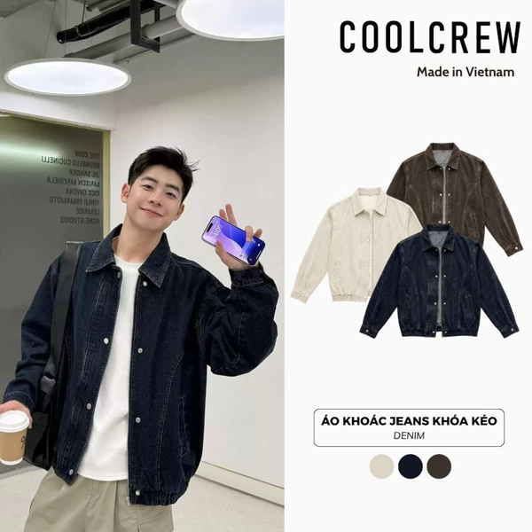Áo Khoác Jeans Khóa Kéo COOLCREW Cổ Bẻ Form Rộng Unisex Chất Liệu Denim Dày Dặn Cao Cấp Phong Cách Hàn Quốc AKD172