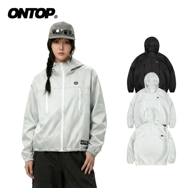 Áo gió 2 lớp có mũ chống nắng nam nữ ONTOP màu đen, xám trắng 2 túi ngực dọc nổi bật Nomad Shell Jacket | O-AK8