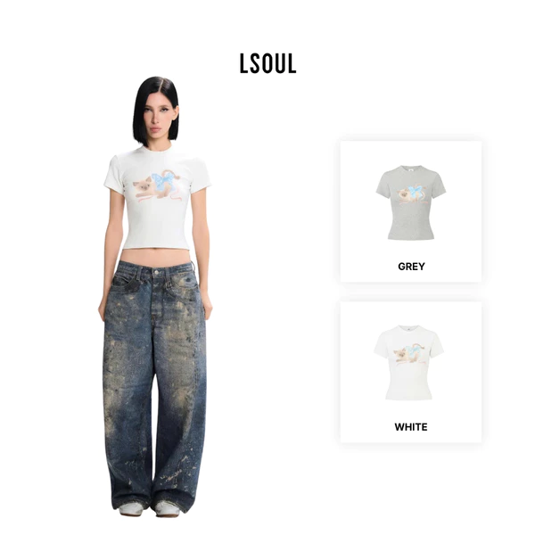LSOUL Áo Croptop Tay Ngắn In 3D Qiqi Top + Quần Jeans Baggy Họa Tiết Loang Yeom Bottom Ver 2 A25102839