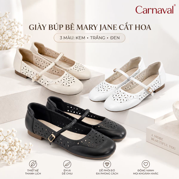 Giày Búp Bê Nữ Carnaval Mary Jane Đục Lỗ Hoa, Quai Ngang Khóa Kim Loại, Êm Chân Phong Cách Vintage -VS231