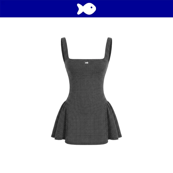 Đầm thun kiểu nữ dáng 2 dây cổ vuông DKMV nền đen chấm bi trắng form xòe phối logo cá inox Caroline Dress | K-D42-J-BT