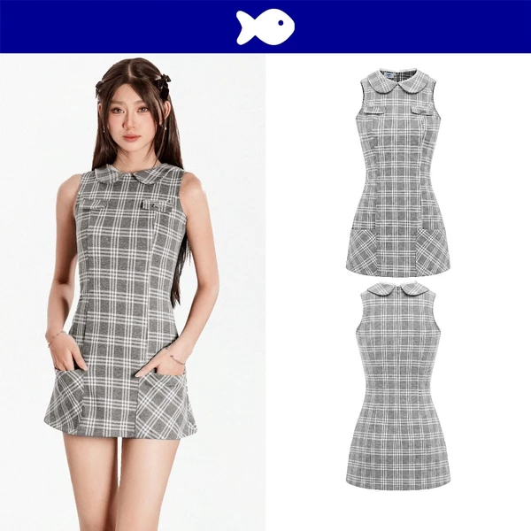 Đầm chữ A sát nách cổ sen phối ren DKMV thiết kế 2 túi vuông to hoạ tiết sọc caro màu xám logo cá Harmony Dress | K-D83